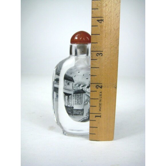 Hand Painted Chinese Reverse Glass Snuff Bottle Red Agate Lid - Picture 5 of 9